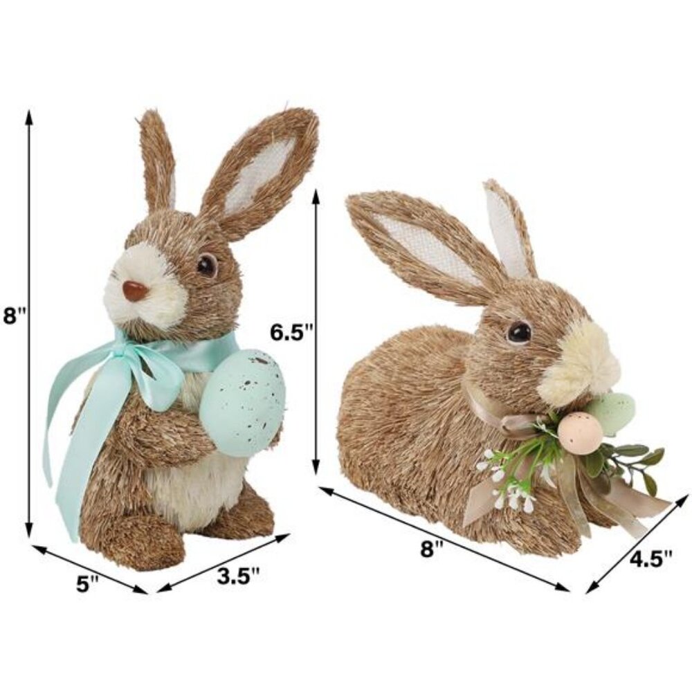 Set of 2 Easter Decorations Bunny Figurines with Eggs Spring Straw - Picture 3 of 14